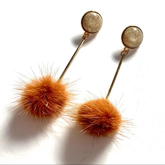 Faux Fur Pom Ball Linear Drop Gold Tone Earrings - Picture 1 of 8